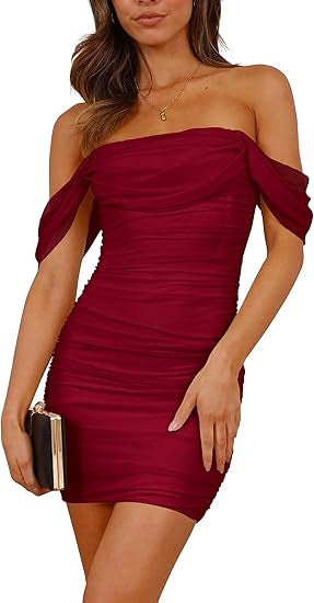 Damen figurbetontes Wickelkleid mit schulterfreiem Design Drune