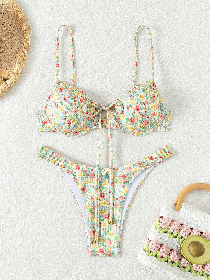 Damen Floral Bikini mit hochwertigen Rüschen und verstellbaren Trägern Drune