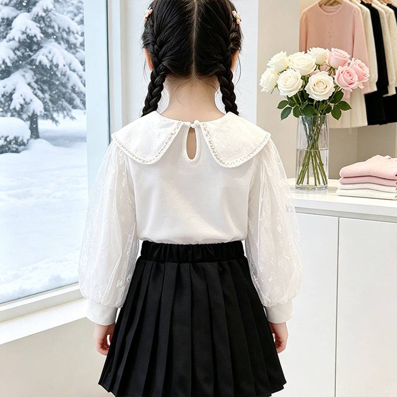 Mädchen Bluse mit elegantem Tüllkragen und floralen Applikationen Drune