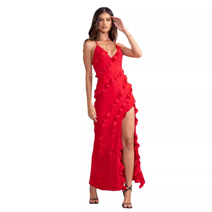 Damen Maxikleid mit voluminösen Rüschendetails und elegantem Beinschlitz Drune