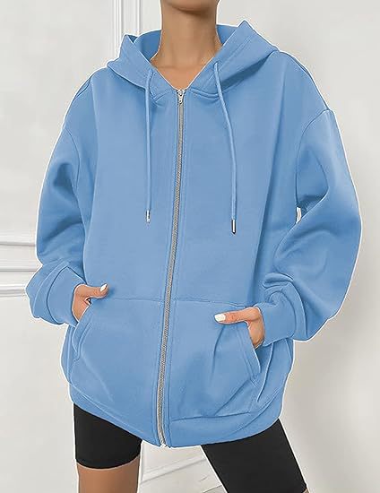Damen nan oversized Zip-Kapuzenjacke mit kontrastierendem Reißverschluss, doppellagiger Kapuze und Kängurutasche Drune
