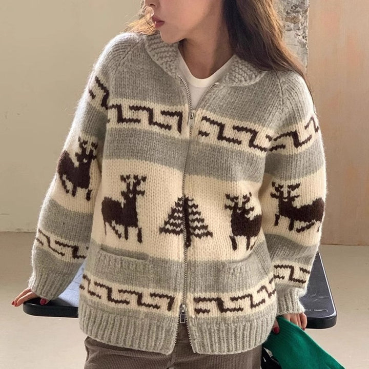Damen Kuscheliger Zip-Cardigan mit festlichem Motiv Drune