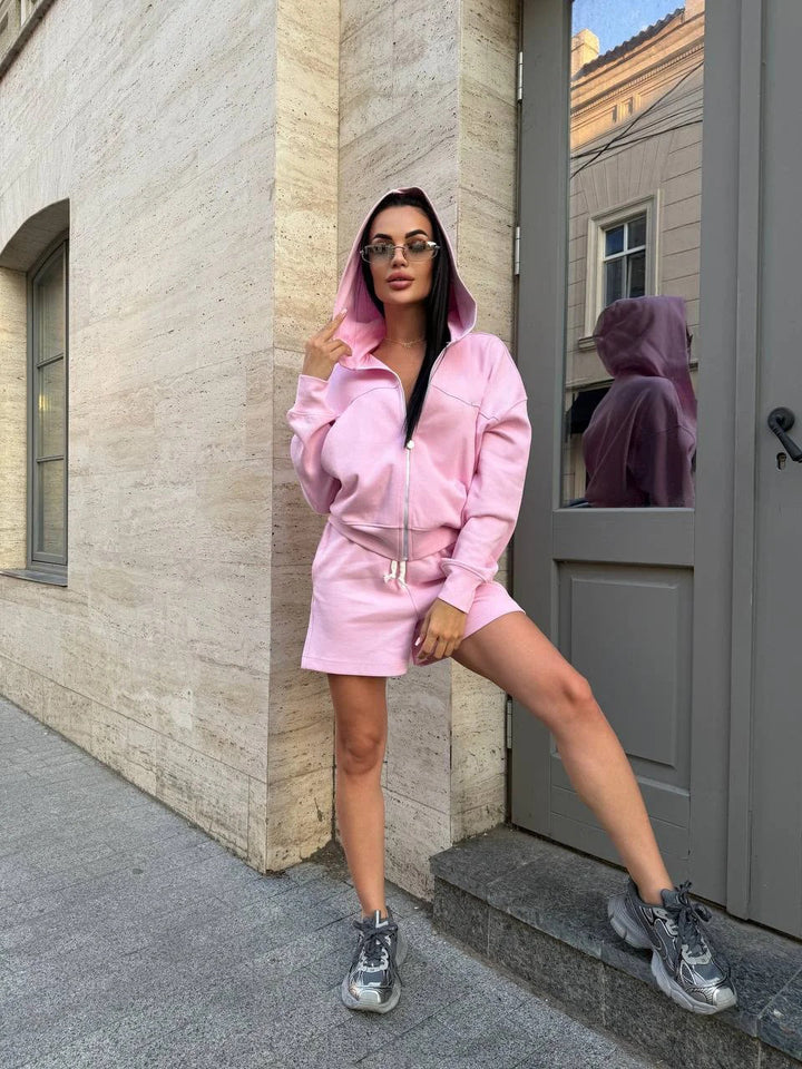 Damen Sommerliches Sport-Lounge-Set mit Kapuzenjacke und Shorts Drune