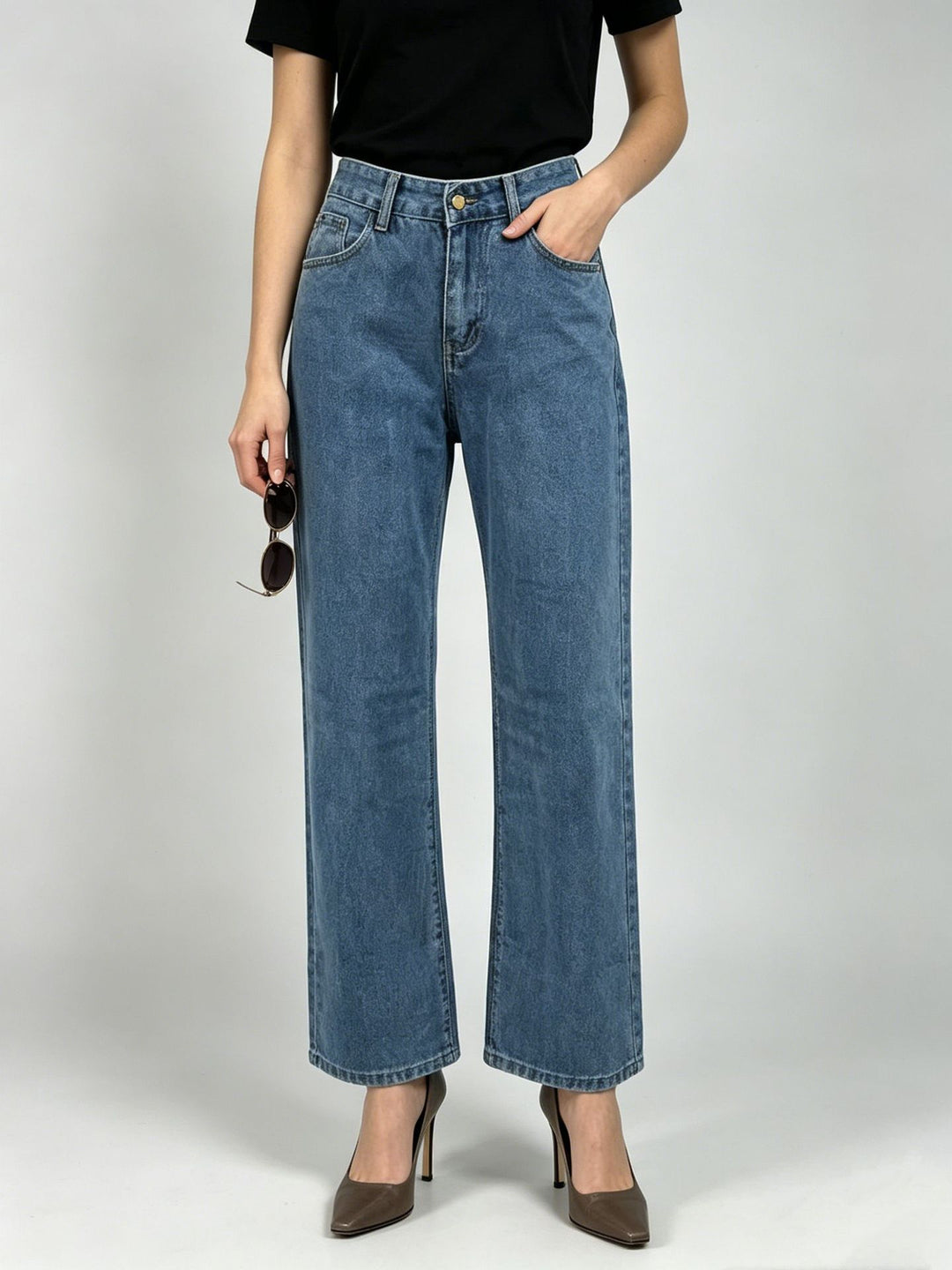 Damen nan hochgeschnittene Straight-Leg-Jeans mit geradem Bein und dezenter Vintage-Waschung Drune