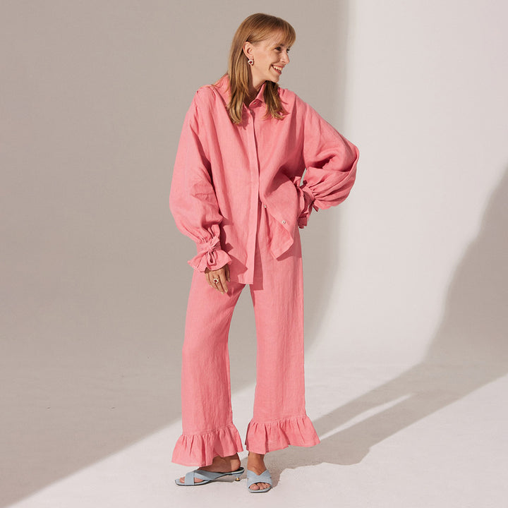 Damen Lässiges Leinen-Ensemble mit Rüschendetails Drune