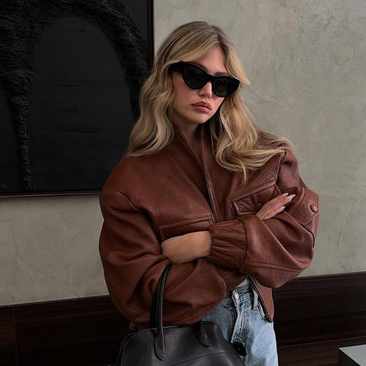 Damen lässige Lederjacke mit voluminösen Ärmeln Drune