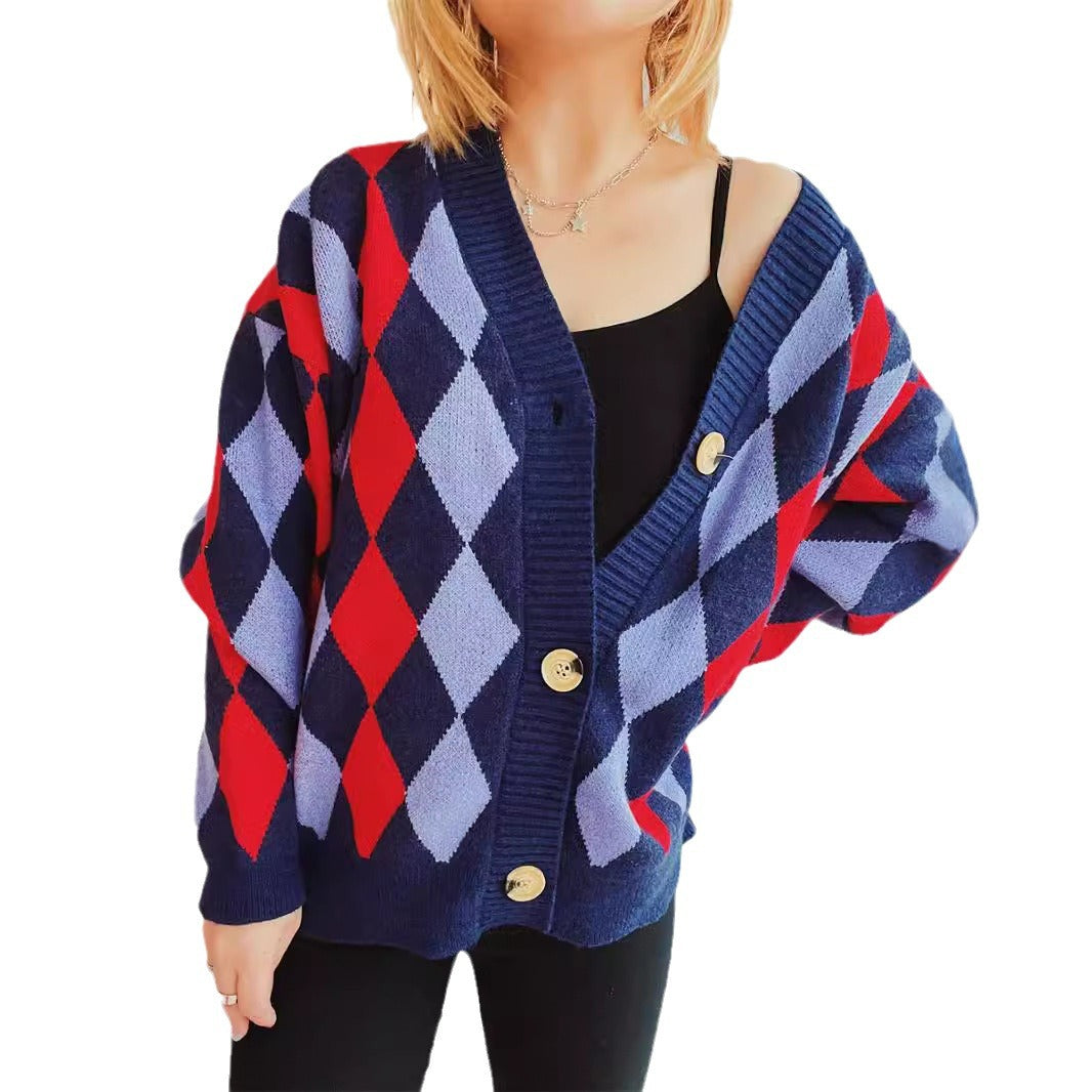 Damen Gemusterte Strickjacke im modernen Rautendesign mit großen Knöpfen Drune