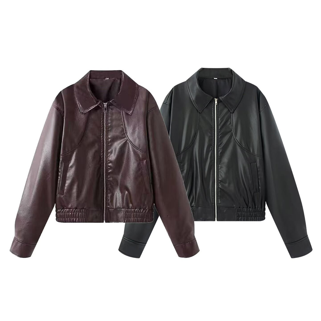 Damen Kunstleder Bikerjacke mit elastischem Bund und schlichten Taschen Drune