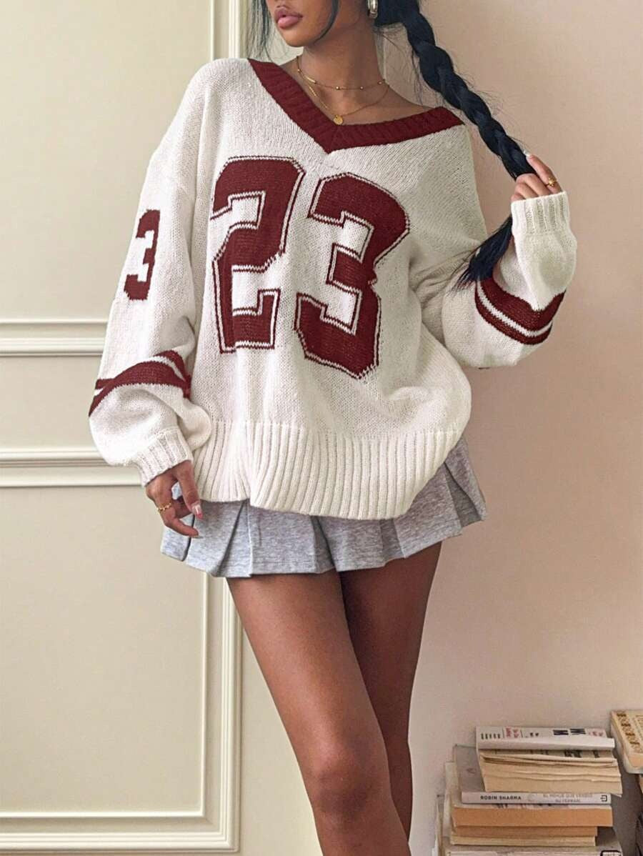 Damen Sportlicher V-Ausschnitt Pullover im lässigen College-Stil Drune