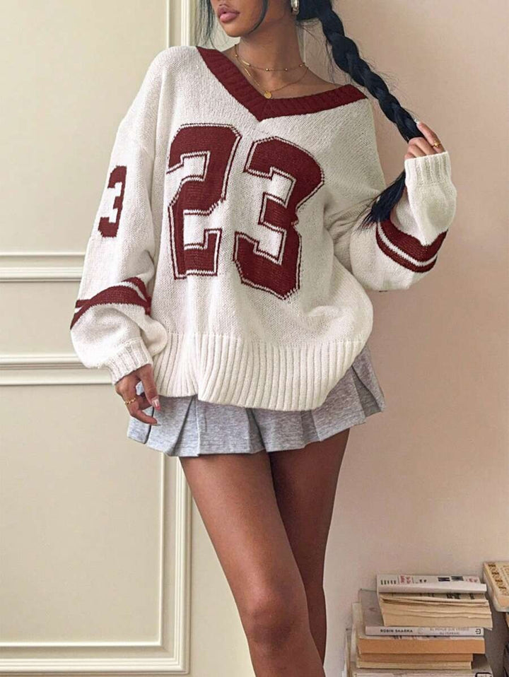 Damen Sportlicher V-Ausschnitt Pullover im lässigen College-Stil Drune