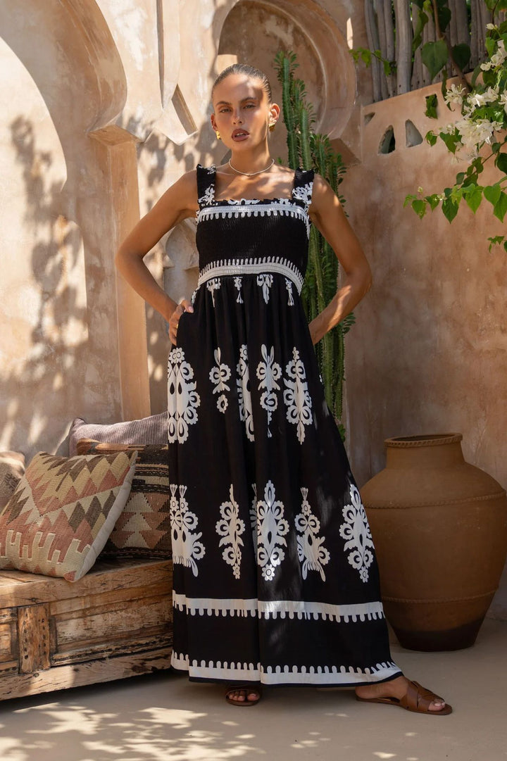 Damen Maxikleid mit elastischem Oberteil und detailliertem Muster Drune