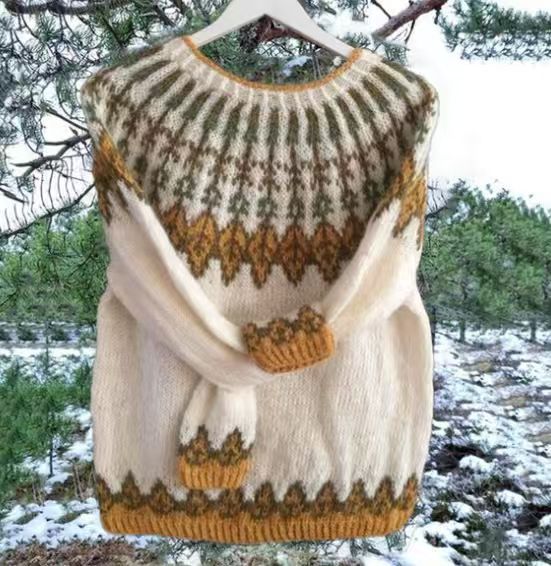 Damen nan melierter Rundhalsausschnittpullover mit kreisförmigem Jacquard-Yoke und geripptem Saum Drune