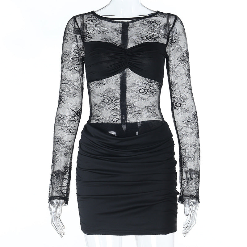 Damen Spitzenkleid mit gerafftem Rock und tiefem V-Ausschnitt Drune