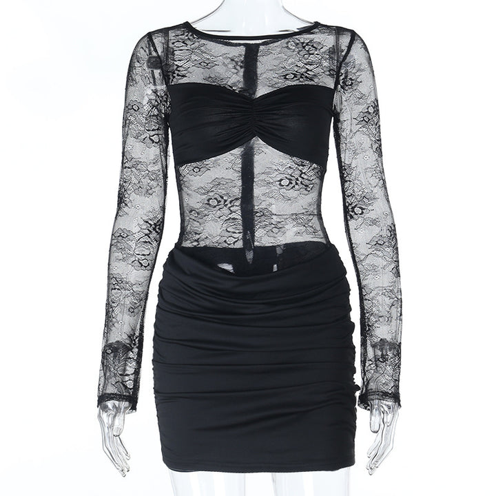 Damen Spitzenkleid mit gerafftem Rock und tiefem V-Ausschnitt Drune