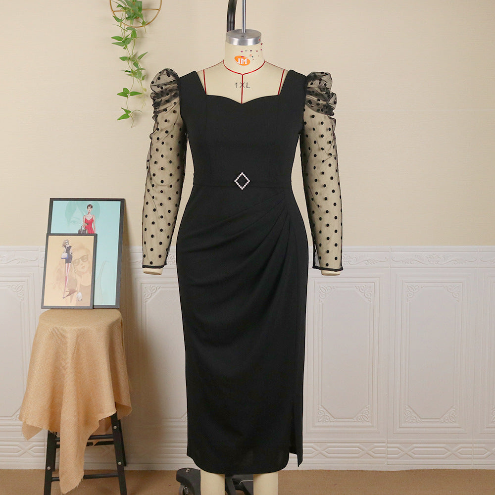 Damen elegantes Midi-Kleid mit transparenten Puffärmeln und zartem Rüschenakzent Drune