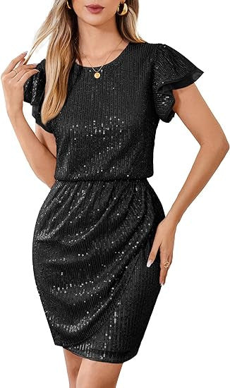 Damen Pailletten Cocktailkleid mit voluminösen Rüschenärmeln Drune
