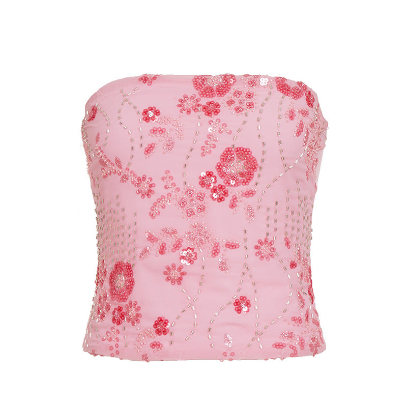 Damen Push-Up Oberteil mit zartem Blumenmuster und funkelnden Pailletten Drune