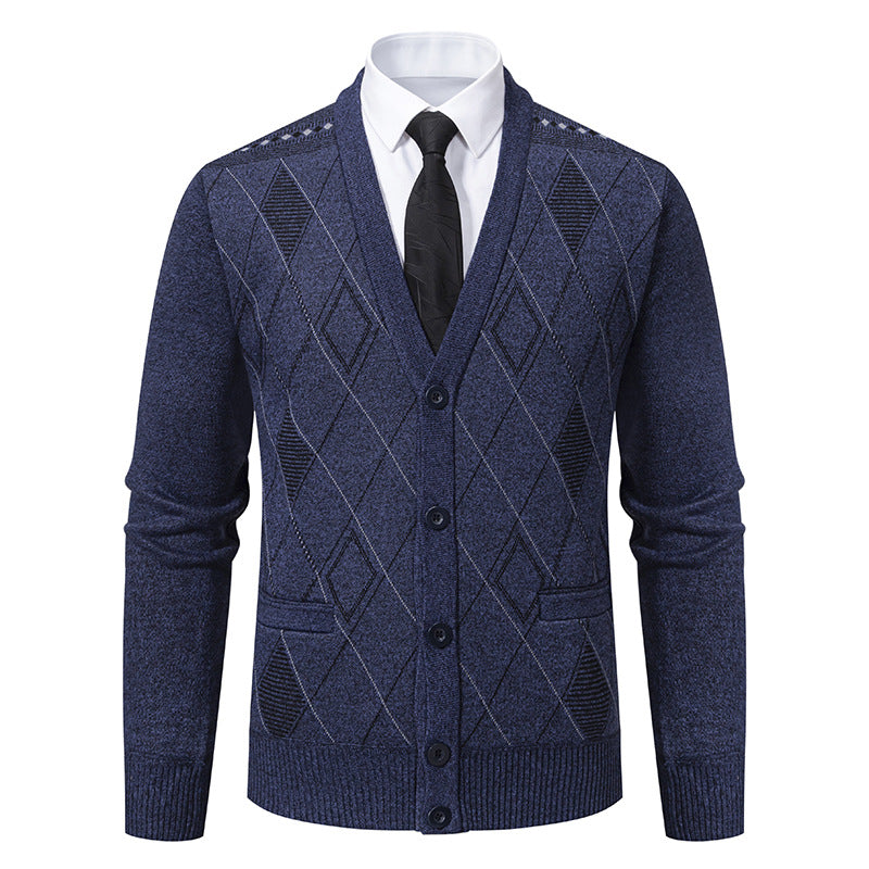 Herren nan feiner Rauten-Strickcardigan mit V-Ausschnitt, Knopfleiste und Eingriffstaschen Drune
