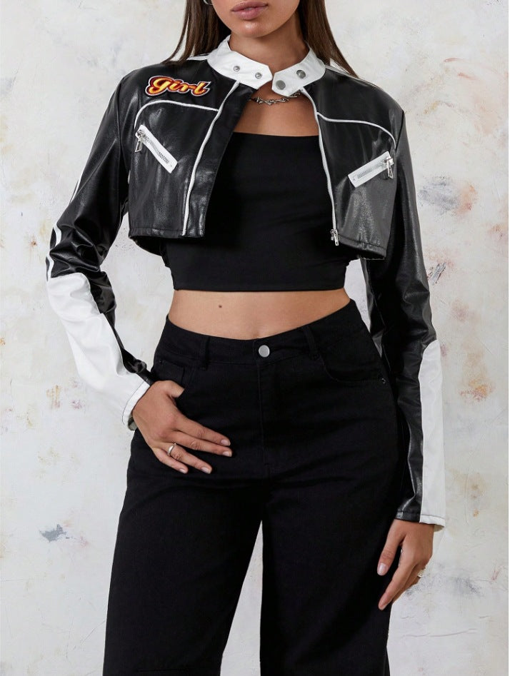 Damen modische cropped Kunstlederjacke Drune