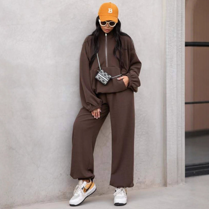 Damen lässiger Zip-Pullover mit weiten Ärmeln und bequemen Jogginghosen Drune