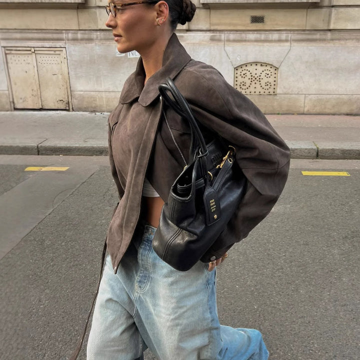 Damen Modische Wildlederjacke mit Taillengürtel Drune