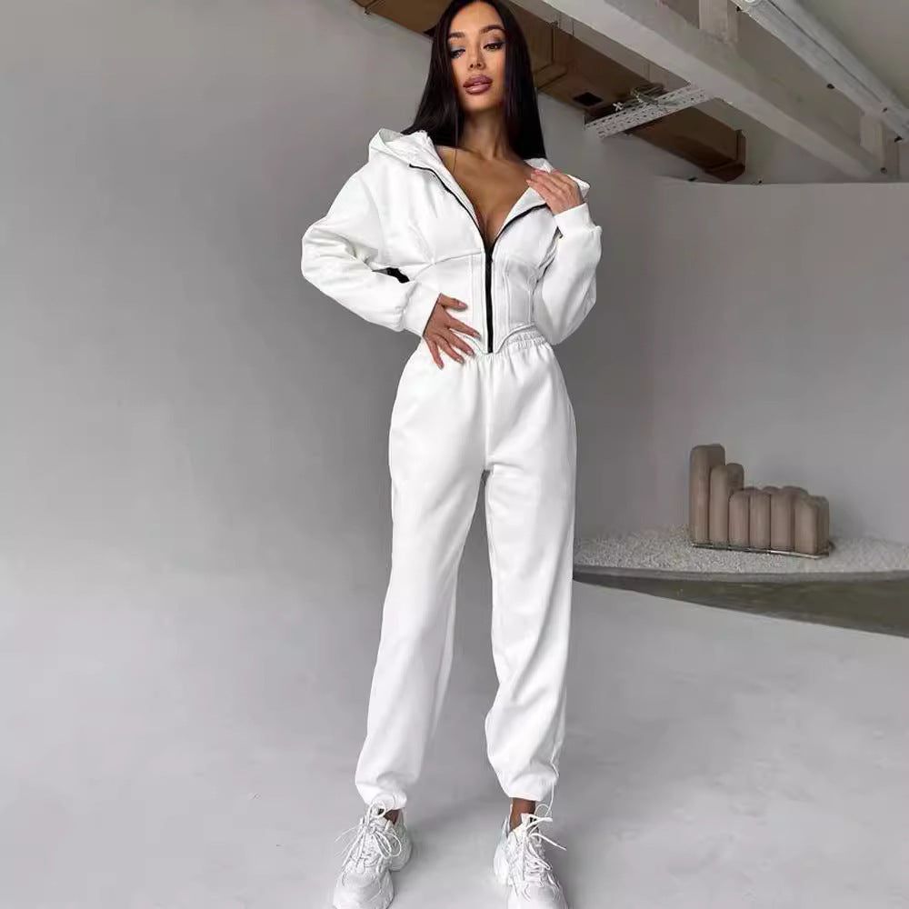 Damen sportlicher Jumpsuit mit Reißverschluss und Kapuze Drune