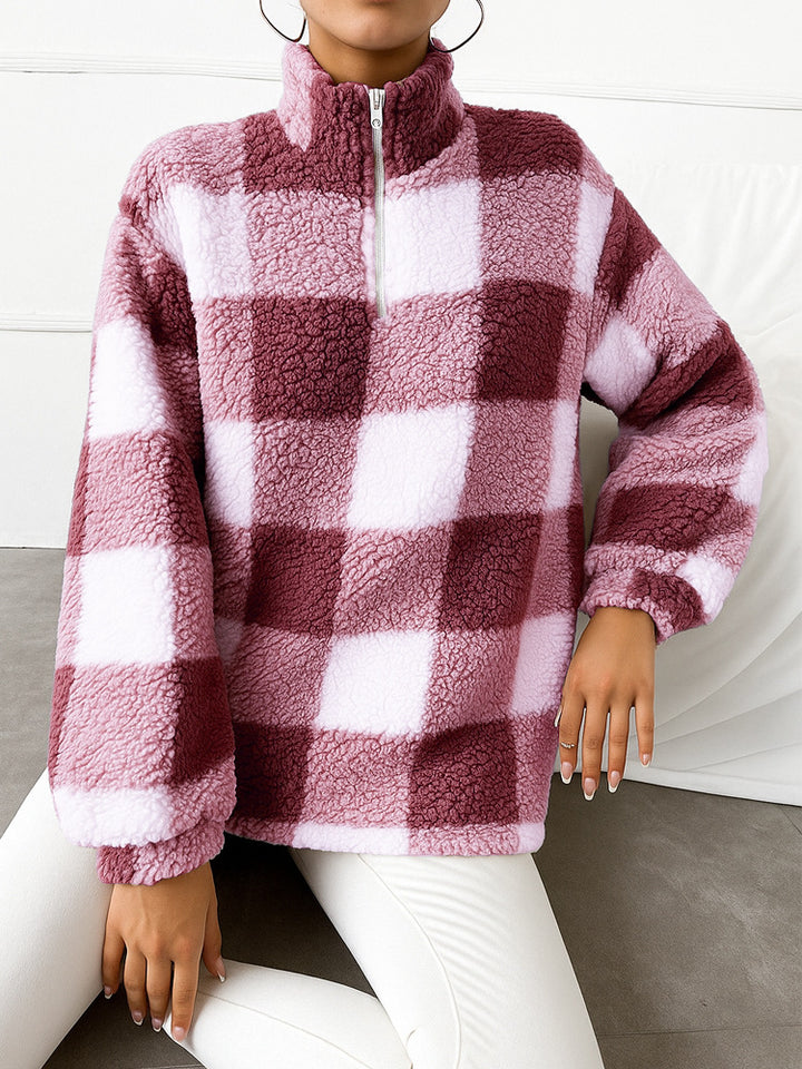 Damen nan kariertes Teddy-Fleece Pullover mit Stehkragen und halbhohem Reißverschluss Drune
