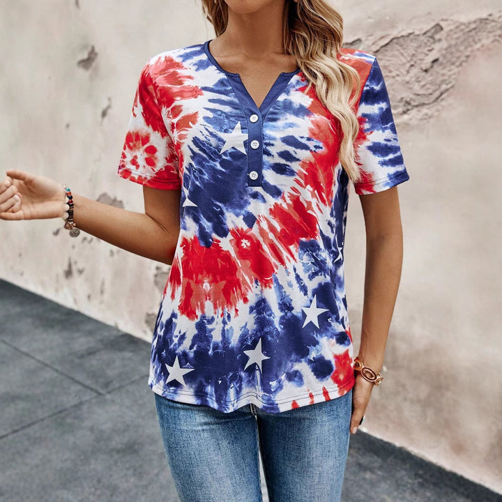Damen Knopf-Detail T-Shirt mit Batikmuster Drune