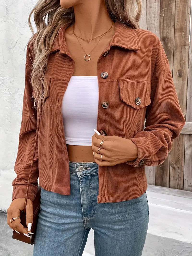 Damen lässige Cordjacke mit praktischen Taschen und modischen Knöpfen Drune