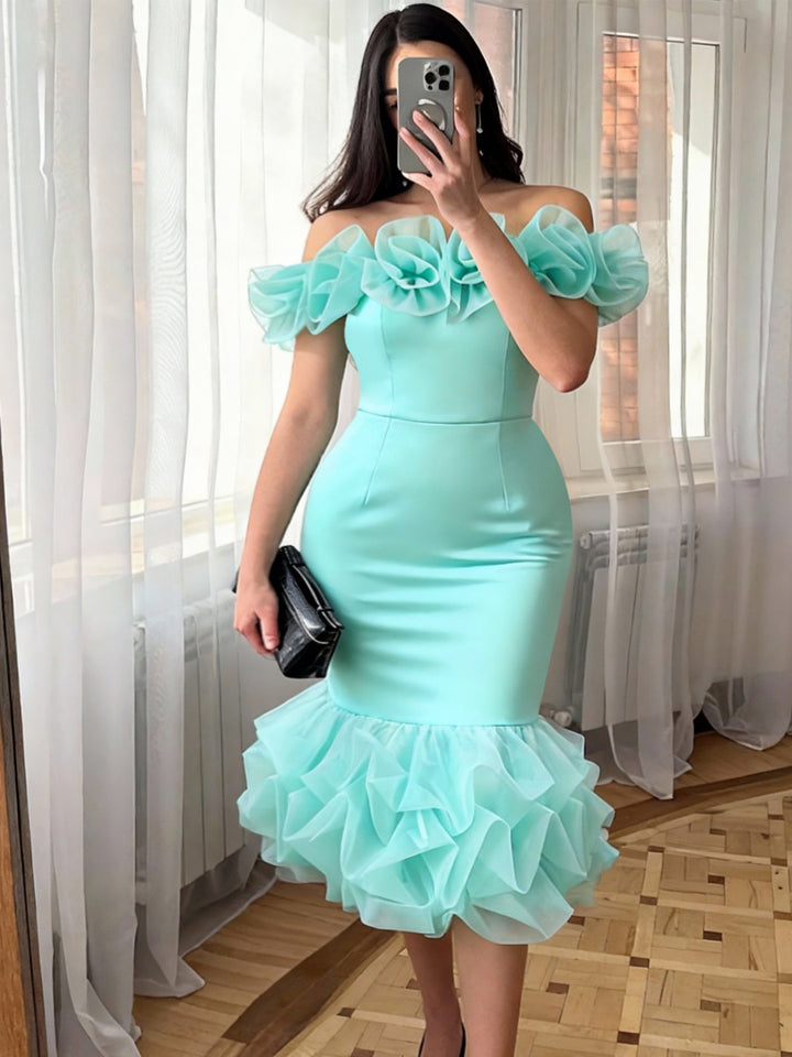 Damen Figurbetontes Kleid mit Rüschenärmel und voluminösem Saum Drune
