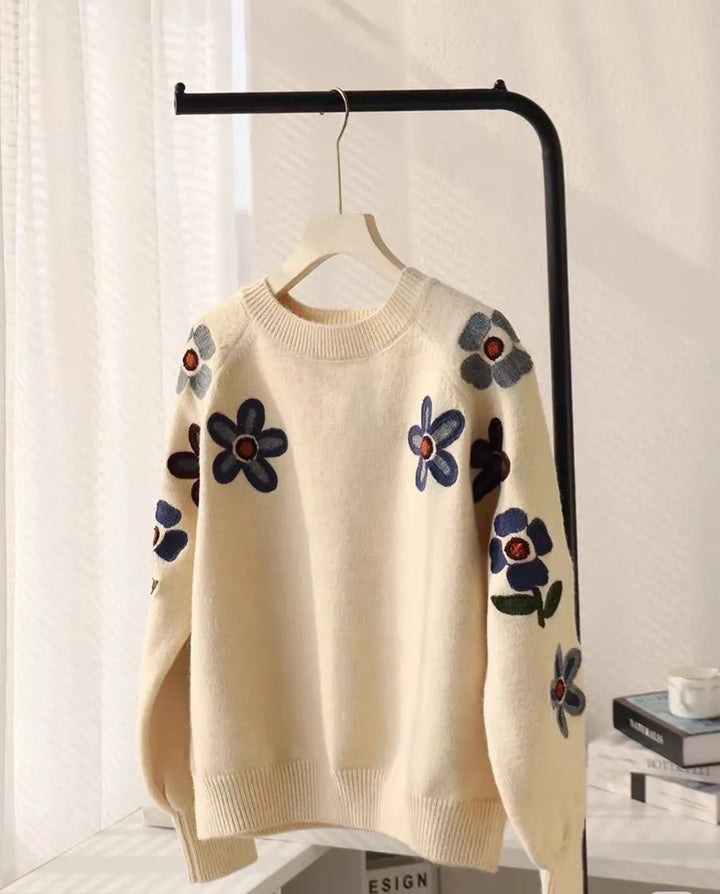Damen modischer Pullover mit floralem Stickdesign Drune