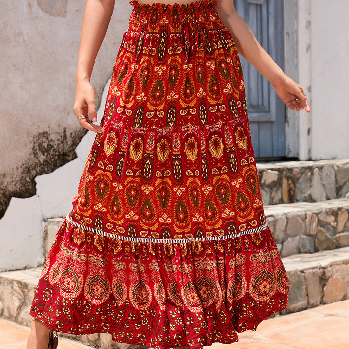 Damen nan Maxirock im Boho‑Stil mit Stufen, gerafftem Elastikbund und Paisley‑Print Drune