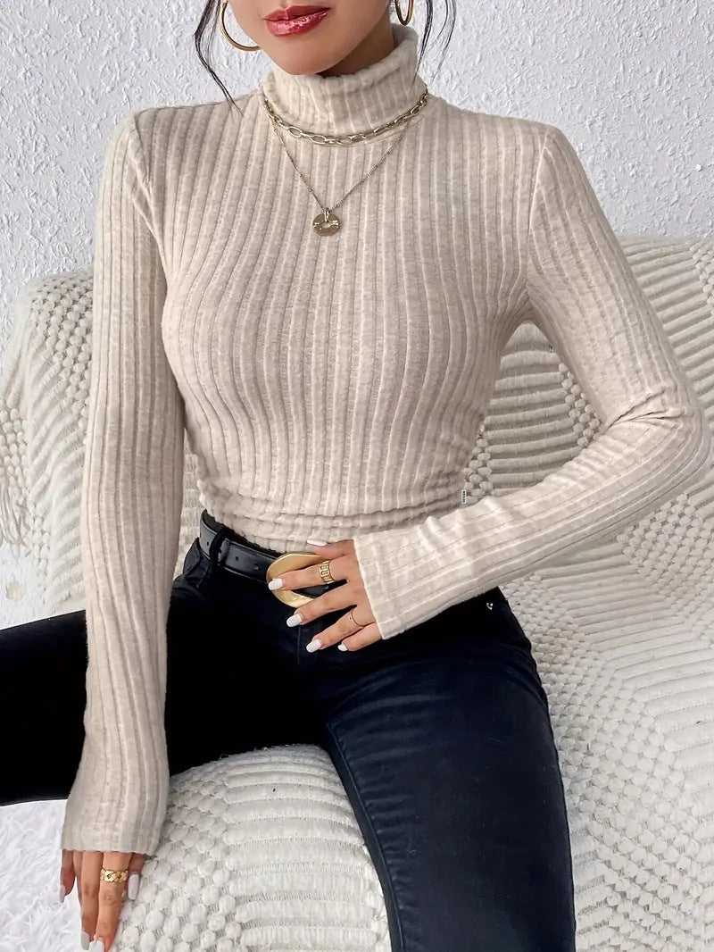 Damen Rippstrick-Turtleneck-Oberteil mit langen Ärmeln Drune
