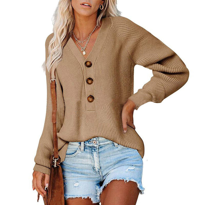 Damen Strickpullover mit tiefem V-Ausschnitt und großen Holzknöpfen Drune