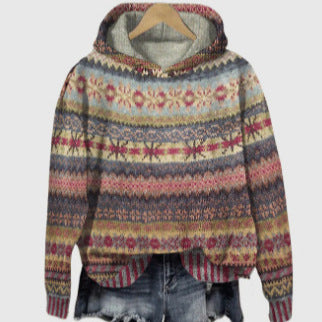 Damen nan oversized Strickkapuzenpullover mit Norwegermuster, gefütterter Kapuze und gerippten Bündchen Drune