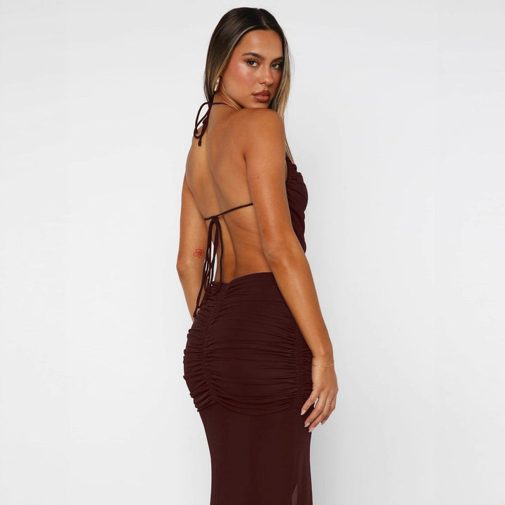 Damen Elegantes Maxikleid mit asymmetrischem Halterhals und ausgefallenem Schlitz Drune