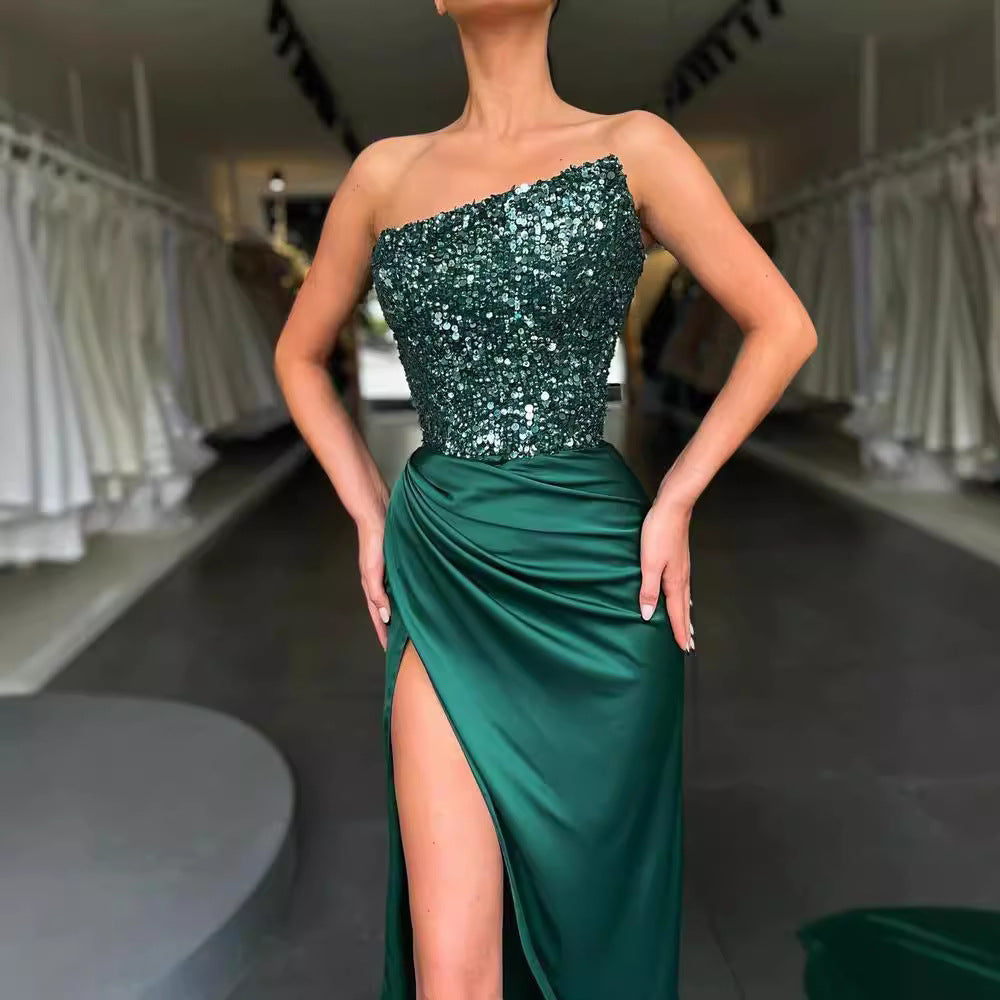 Damen Elegantes Abendkleid mit asymmetrischem Oberteil und hohem Beinschlitz Drune