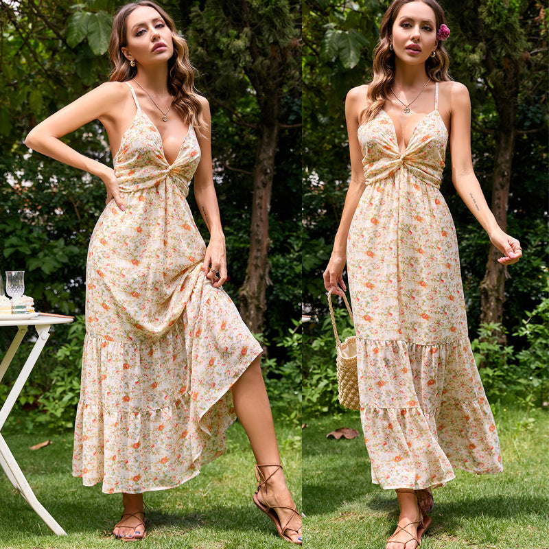 Damen Maxi-Kleid mit verführerischem V-Ausschnitt und fließendem Rock Drune