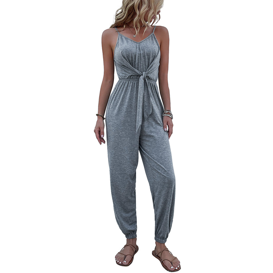 Damen lässiger Sommer-Jumpsuit mit seitlichem Knoten und elastischem Bund Drune