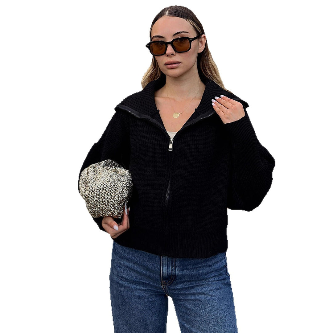 Damen kuschelige Strickjacke mit hohem Kragen und Reißverschluss Drune