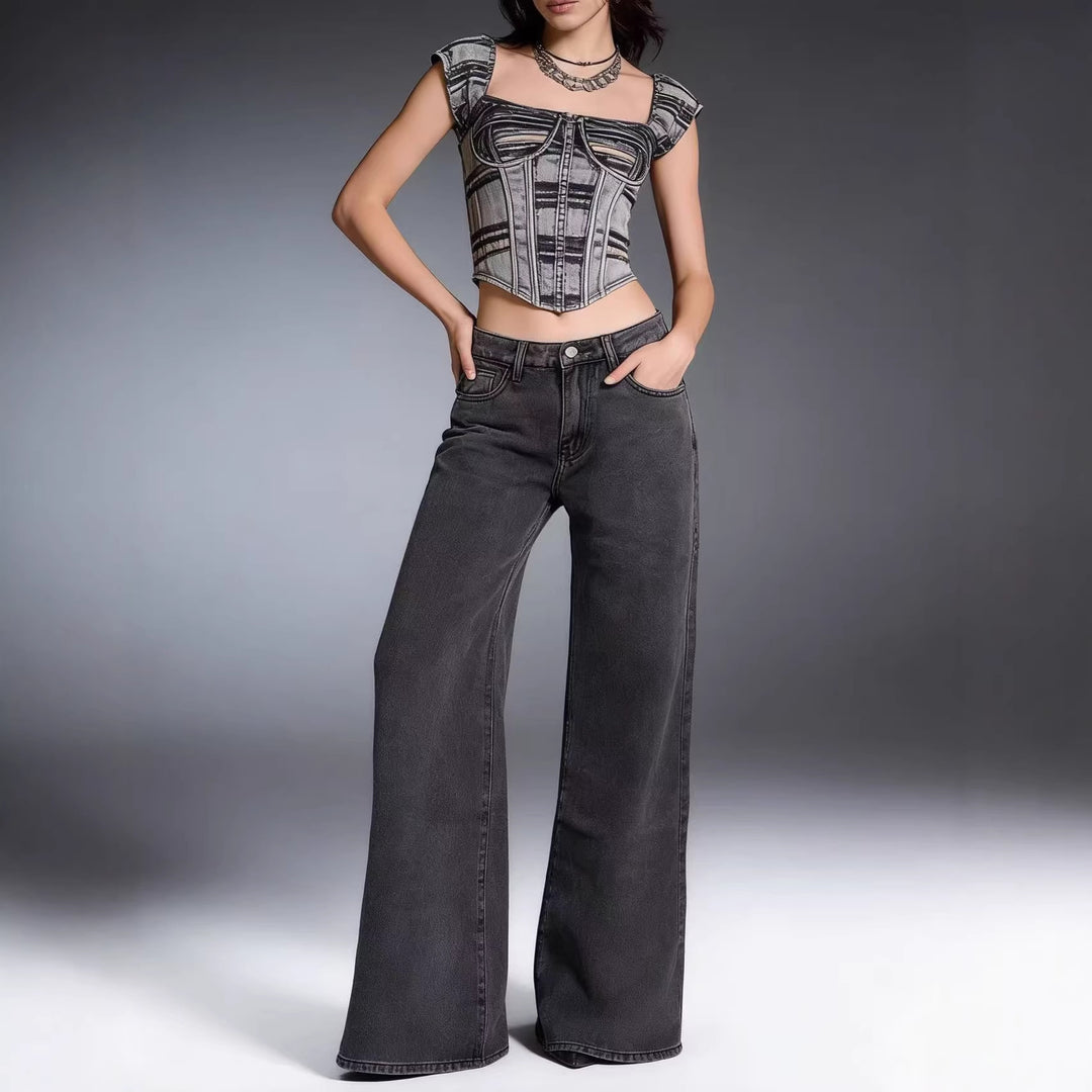 Damen weite Denim-Hose mit Vintage-Waschung und hoch geschnittenem Bund Drune