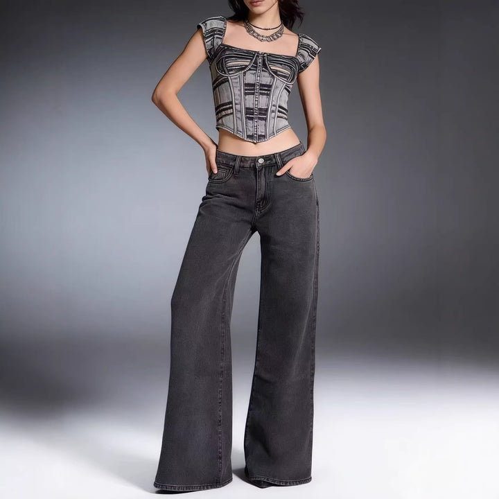 Damen weite Denim-Hose mit Vintage-Waschung und hoch geschnittenem Bund Drune