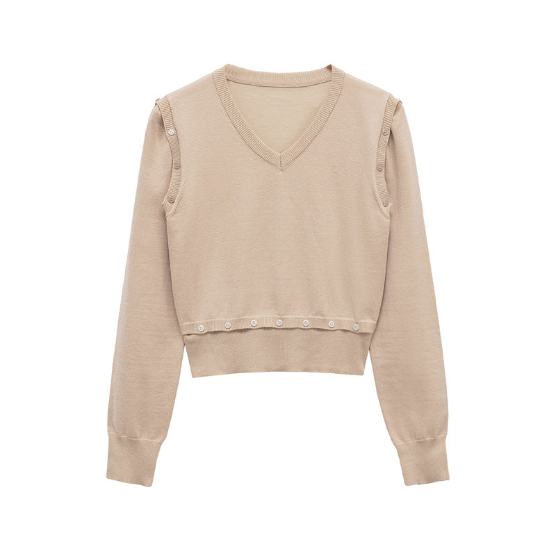Damen Strickpullover mit V-Ausschnitt und dekorativen Knöpfen Drune