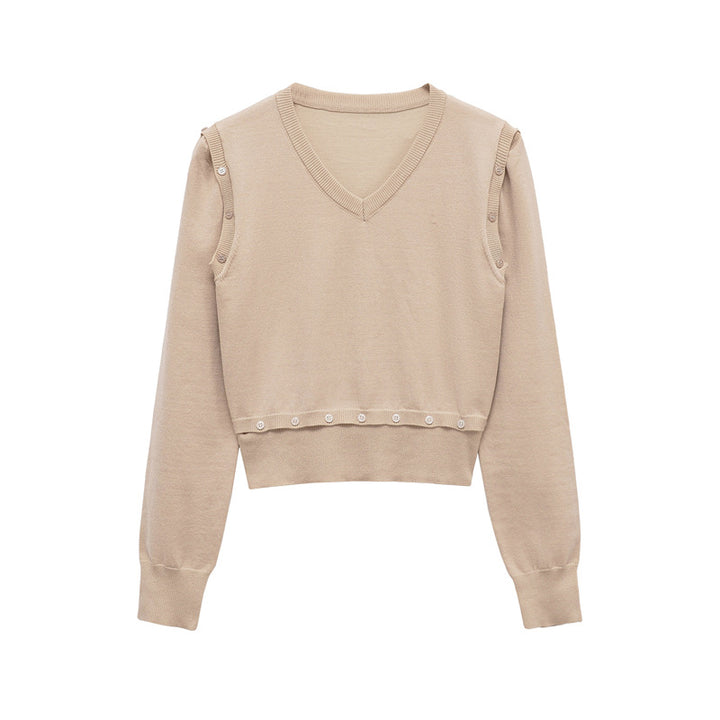 Damen Strickpullover mit V-Ausschnitt und dekorativen Knöpfen Drune