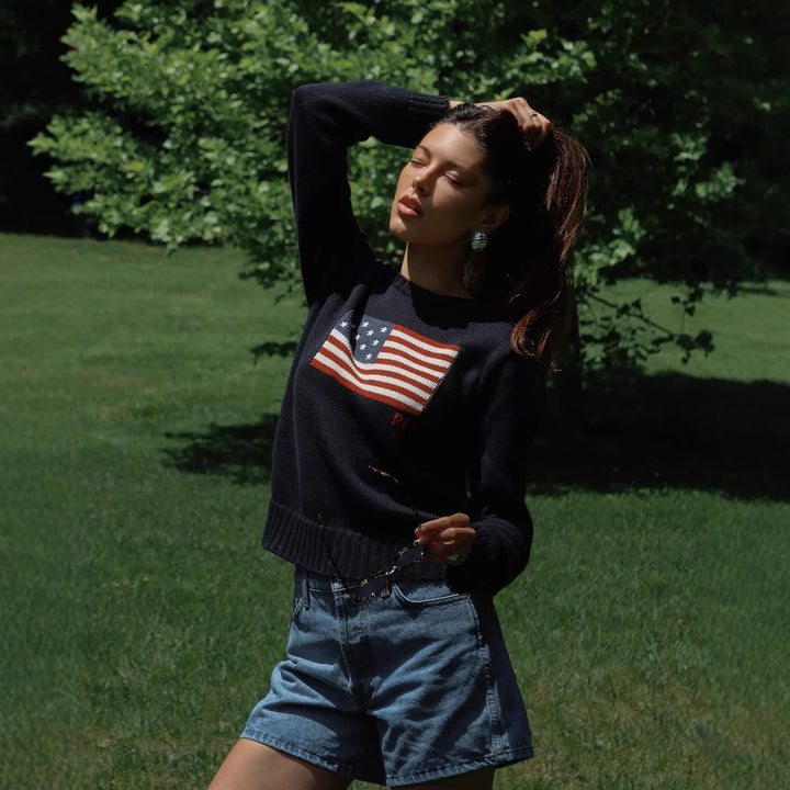 Damen modischer Pullover mit USA-Flaggenapplikation Drune