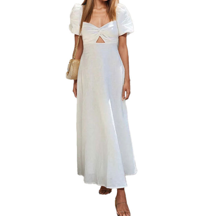 Damen Maxikleid mit voluminösen Puffärmeln und raffiniertem Schlüssel-Ausschnitt Drune