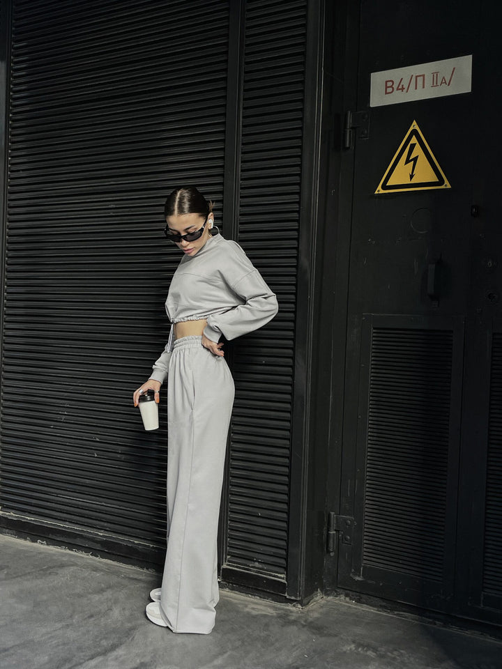 Damen lässiges und elegantes Crop-Top und weite Hose Set Drune