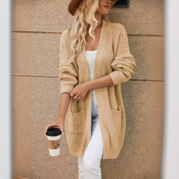 Damen Kabelstrick Offene-Front Cardigan mit Taschen Drune