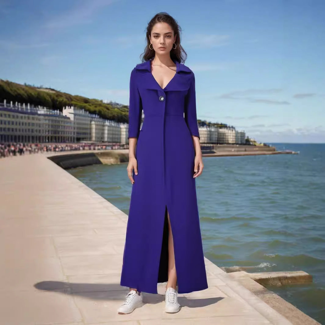 Damen eleganter, lang geschnittener Trenchcoat mit breitem Revers Drune
