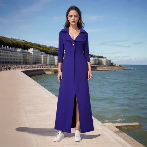 Damen eleganter, lang geschnittener Trenchcoat mit breitem Revers Drune